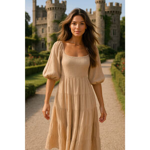 Neuflora Cotton Gauze Maxi Dress Smocked Cottagecore M Light Camel Puff Sleeve M